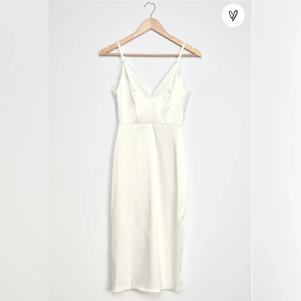 Stunning Sight White Embroidered Lace Satin Midi Dress - Picture 5 of 7